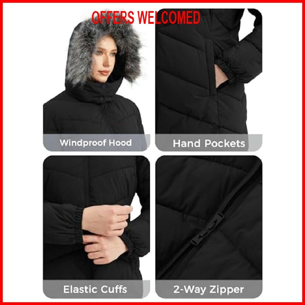 Women's Long Puffer Coat Lightweight Warm Jacket with Hood - Picture 7 of 7